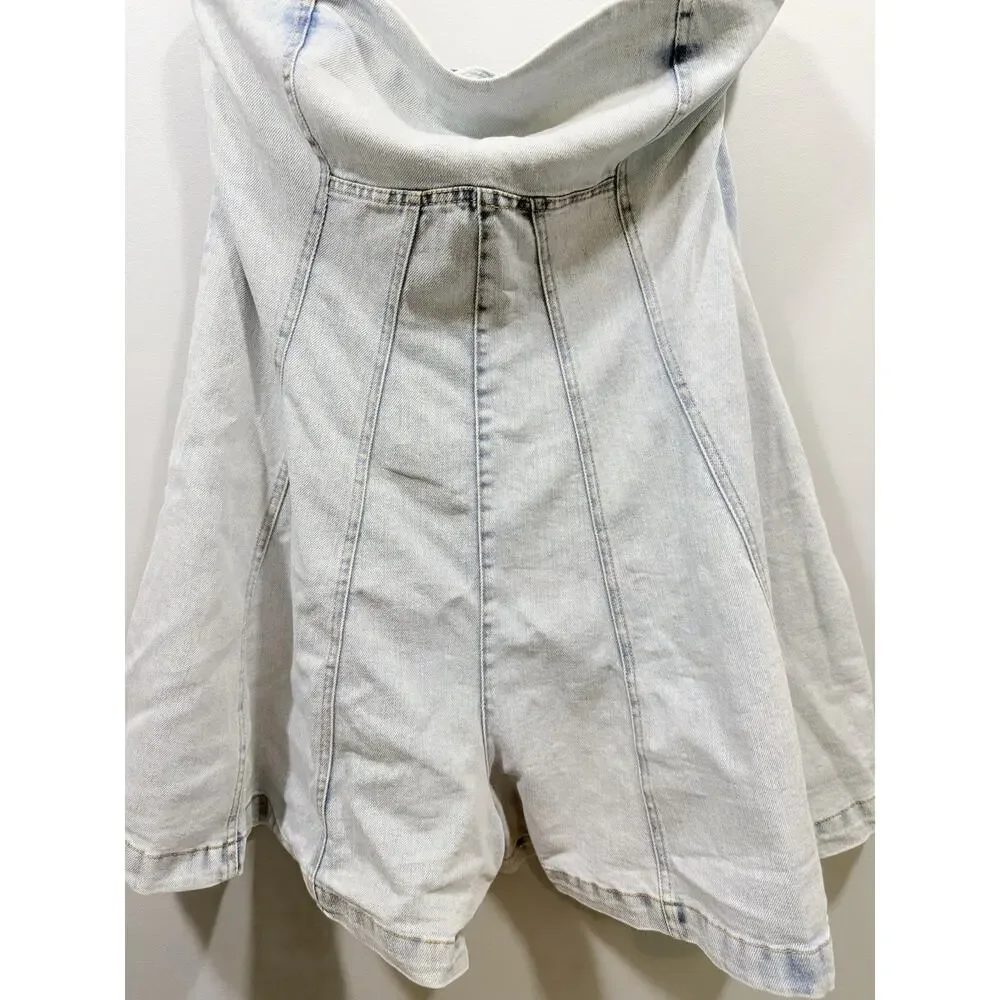 Altar'd State Blue Strapless Denim Romper Itgirl Relaxed Size S